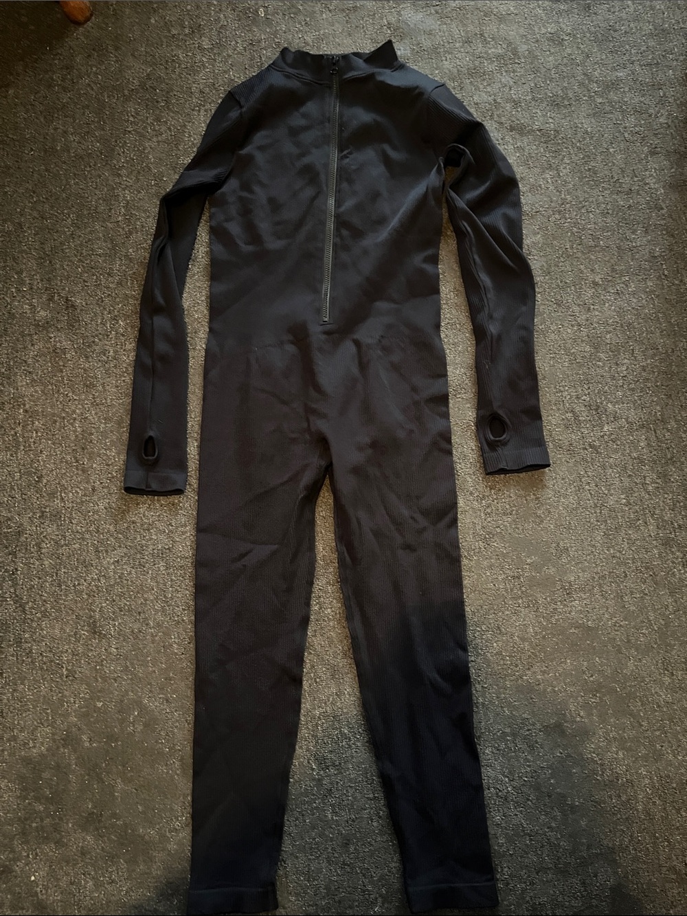 Black One-Piece Zippered Jumpsuit with Thumb Holes
